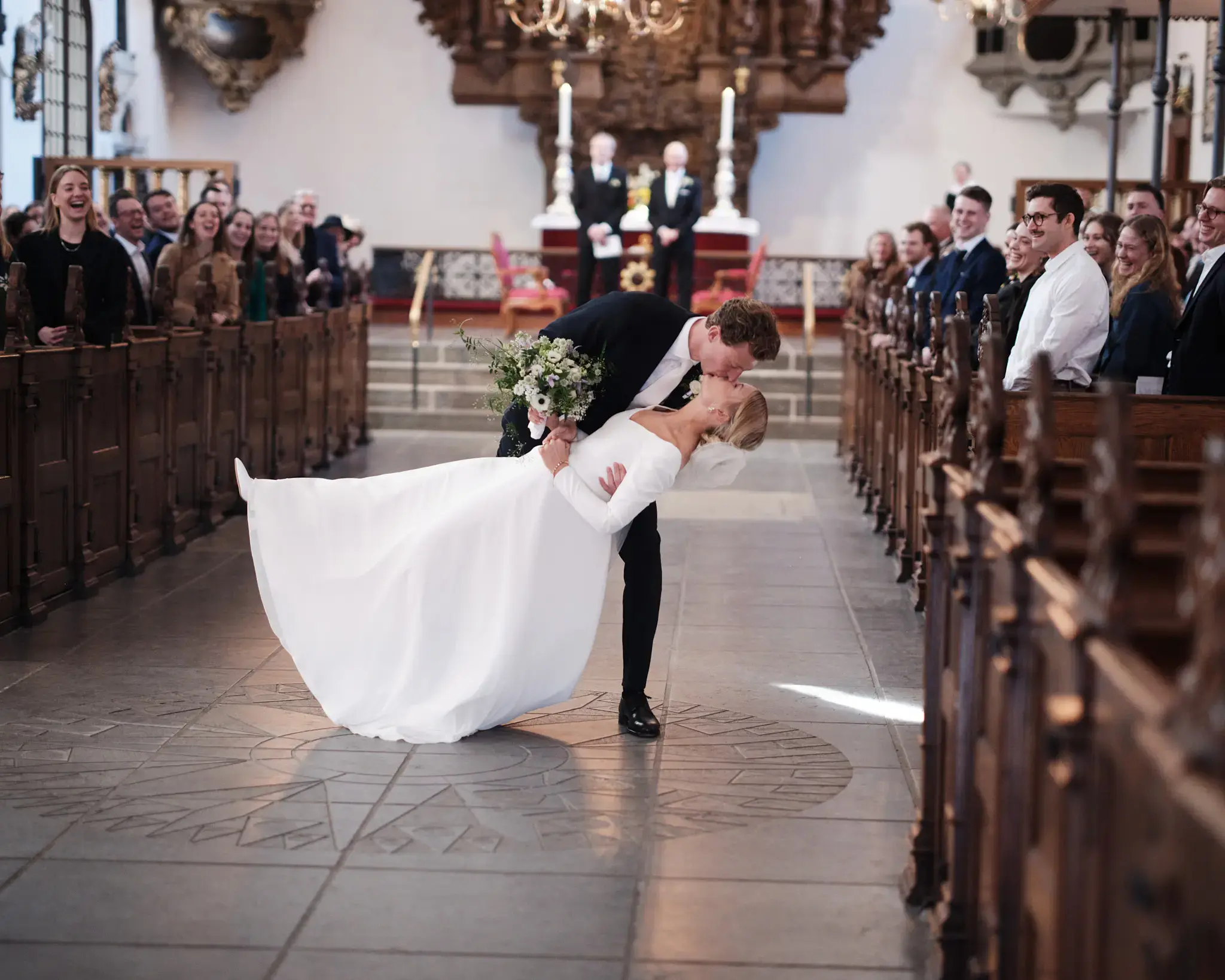 Wedding ceremony moment with guests in church